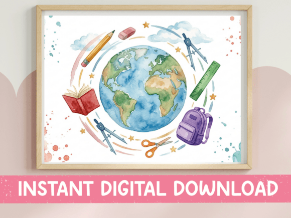 World Globe School Watercolor Embroidery Design
